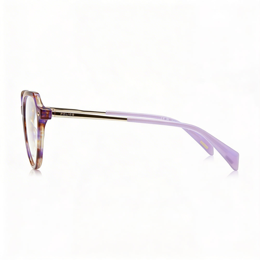 Montura de gafas Police casual para hombre, de acetato a rayas moradas y marrones, con lentes de 52 mm, puente de 18 mm y patillas de 140 mm
