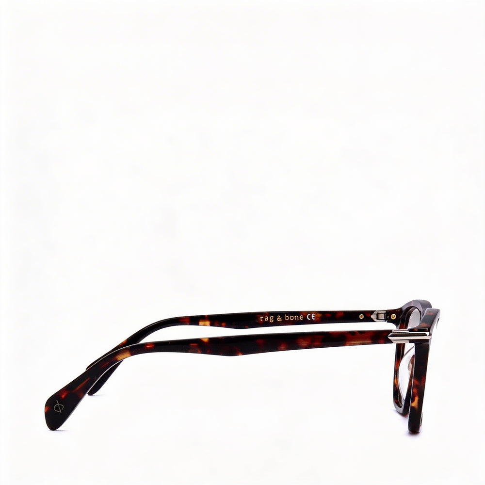 Gafas de hombre Rag & Bone con montura de acetato havana y lentes de plástico transparente, ancho de la lente 51 mm, ancho del puente 19 mm, largo de la patilla 145 mm