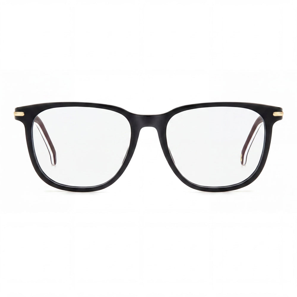 Montura de gafas Carrera 308 unisex fabricada en plástico con franjas negras, con lentes no polarizadas y un ancho de lente de 53 mm