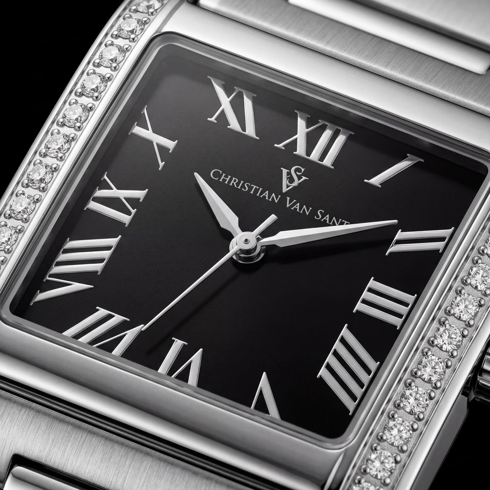 Reloj de pulsera de cuarzo Christian Van Sant CV1281 de acero inoxidable plateado para mujer con esfera negra
