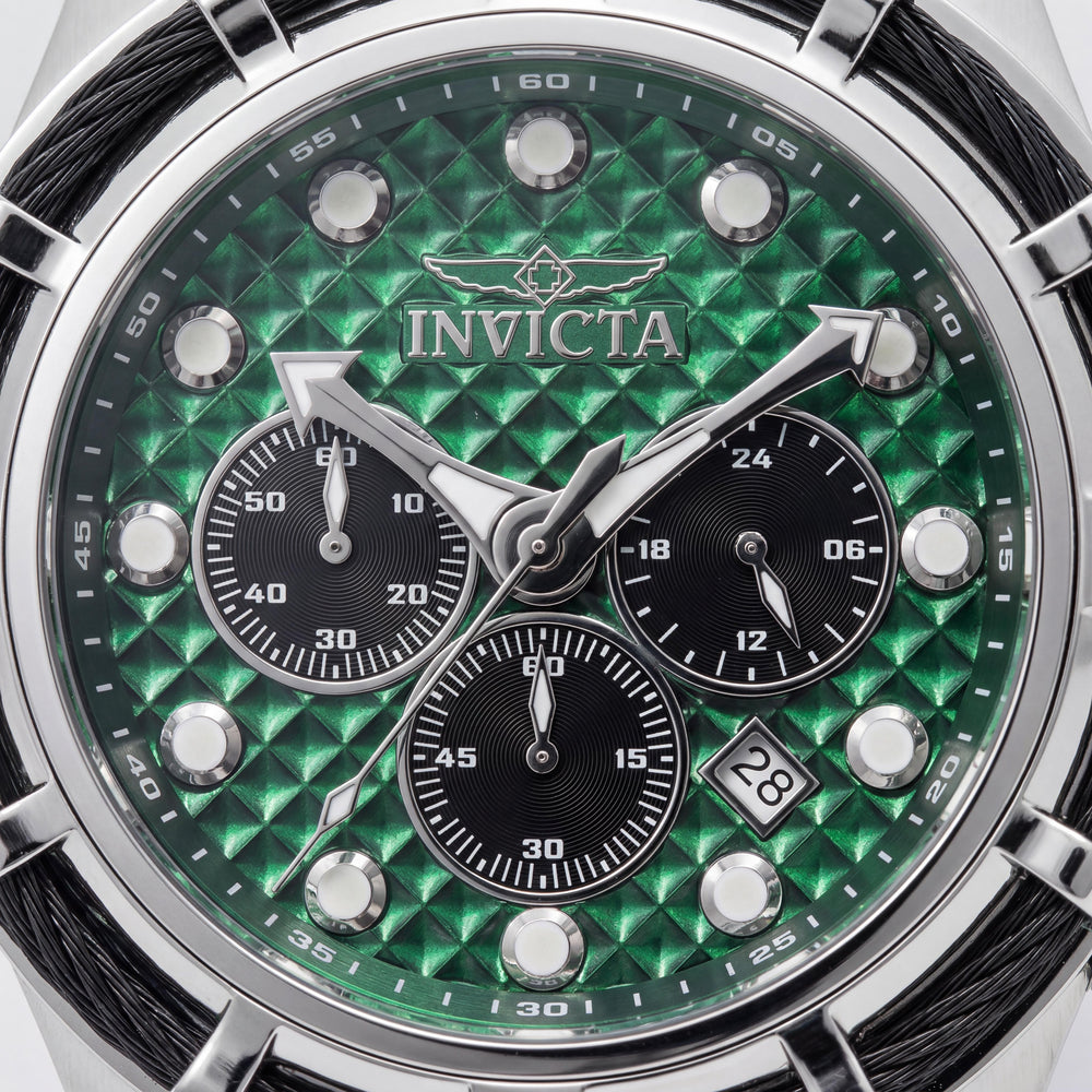 Invicta Bolt 49165 Reloj unisex de cuarzo cronógrafo, caja de acero inoxidable plateada de 50 mm, esfera verde, correa de silicona