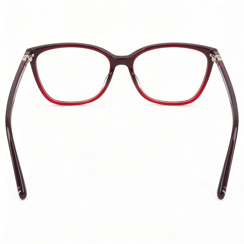Gafas Tommy Hilfiger modernas unisex con montura de acetato rojo burdeos y ancho de lente de 55 mm