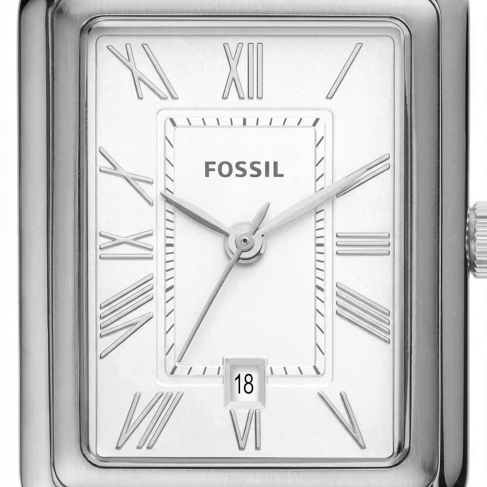 Fossil Raquel Reloj de pulsera con fecha de tres manecillas ES5221 para mujer con caja y brazalete de acero inoxidable tono plateado, 23 mm