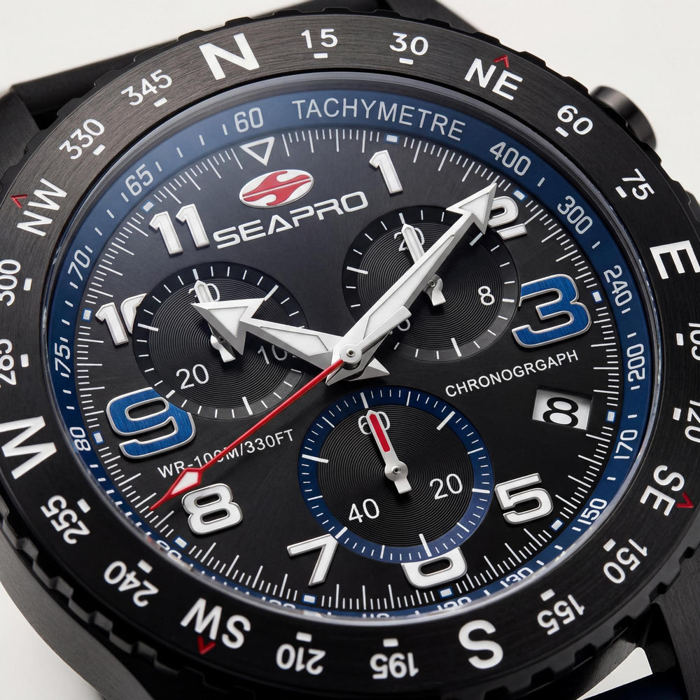 Reloj cronógrafo de cuarzo Seapro para hombre, caja de acero inoxidable negro, correa de caucho, resistente al agua hasta 100 m.