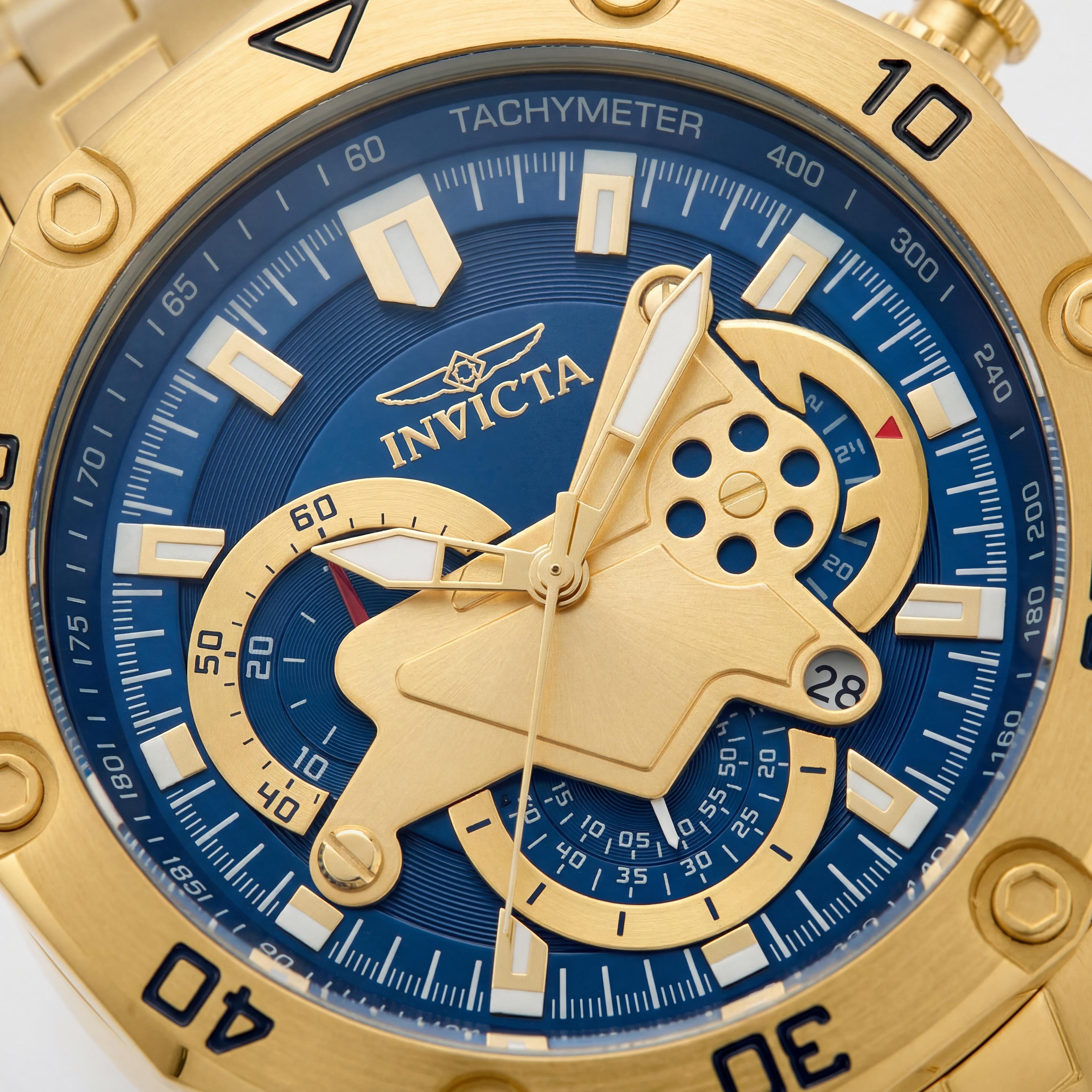Invicta Pro Diver - Reloj de pulsera unisex de cuarzo cronógrafo GMT de acero inoxidable de 50 mm con esfera azul y piedra de oro, Photo 2