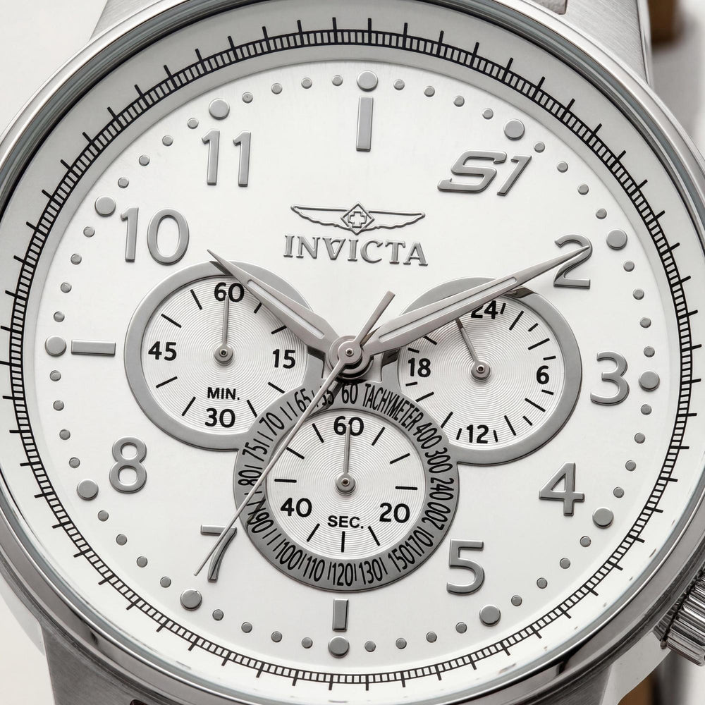 Reloj Invicta S1 Rally unisex de 48 mm, acero inoxidable plateado, esfera blanca, cuero blanco, cuarzo, resistente a arañazos.