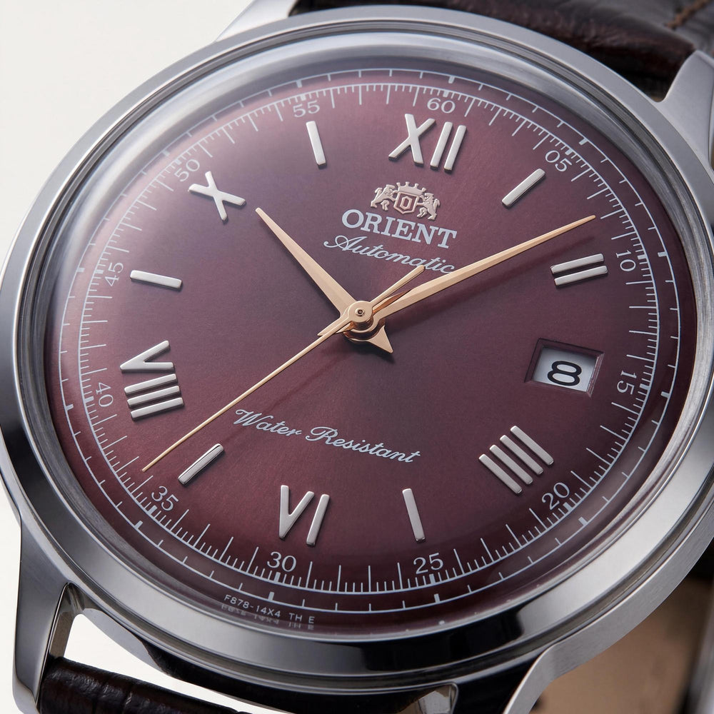 Orient Classic Bambino Automatic Mechanical Unisex Watch Silver Grey Steel Case Wine Red Dial 40.5mm
