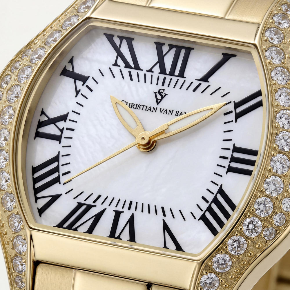 Reloj moderno Christian Van Sant para mujer de acero inoxidable blanco con esfera de nácar y movimiento de cuarzo