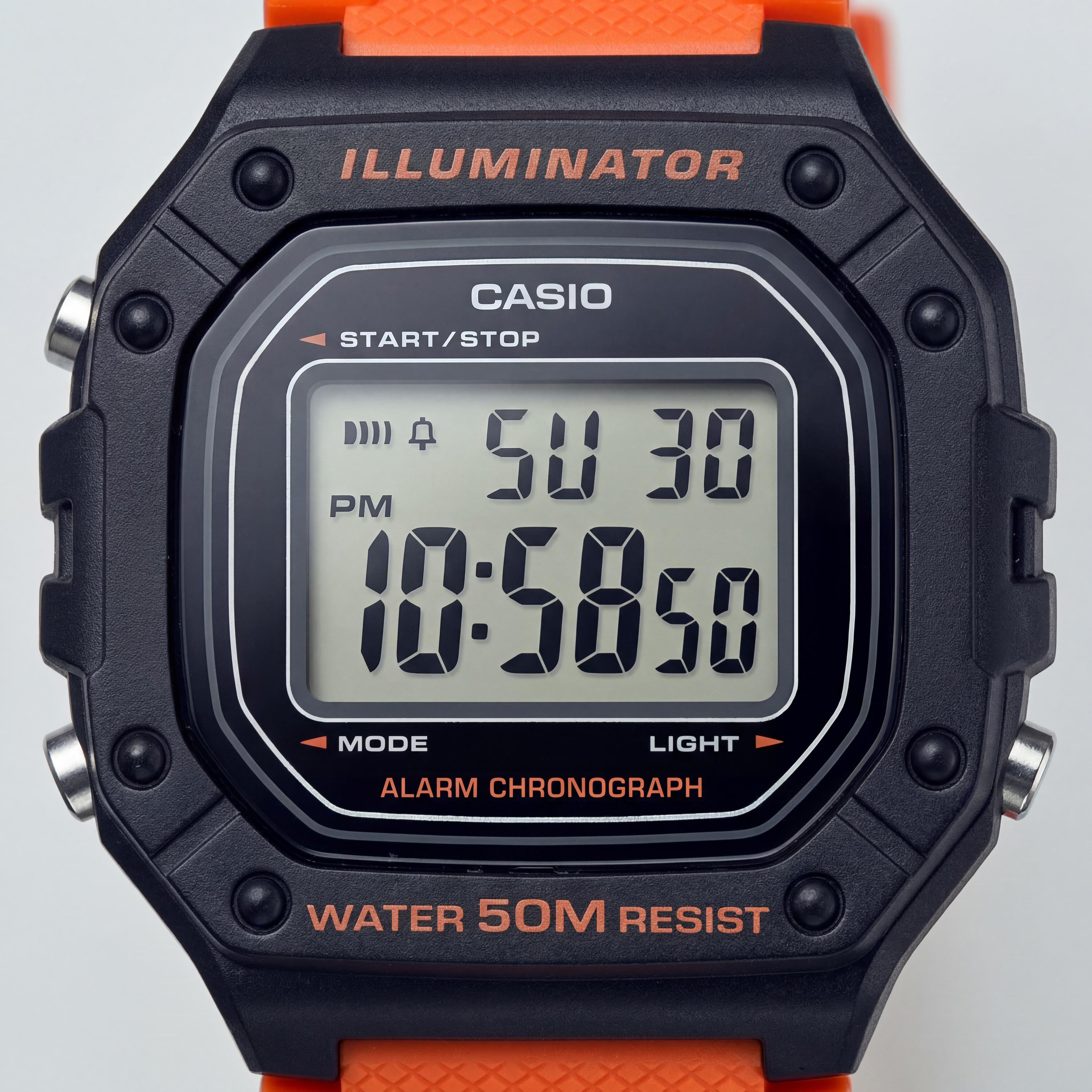 Casio W-218H-4B2VCF Men's 50M Water Resistant Illuminator Stopwatch Auto-Calendar Watch Black Orange 46mm, Photo 2