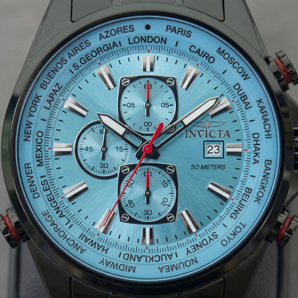 Invicta Aviator 50498 Reloj Unisex Cronógrafo de Cuarzo con Brazalete, Caja Negra, Esfera Azul, Sumergible 5 ATM, 50mm
