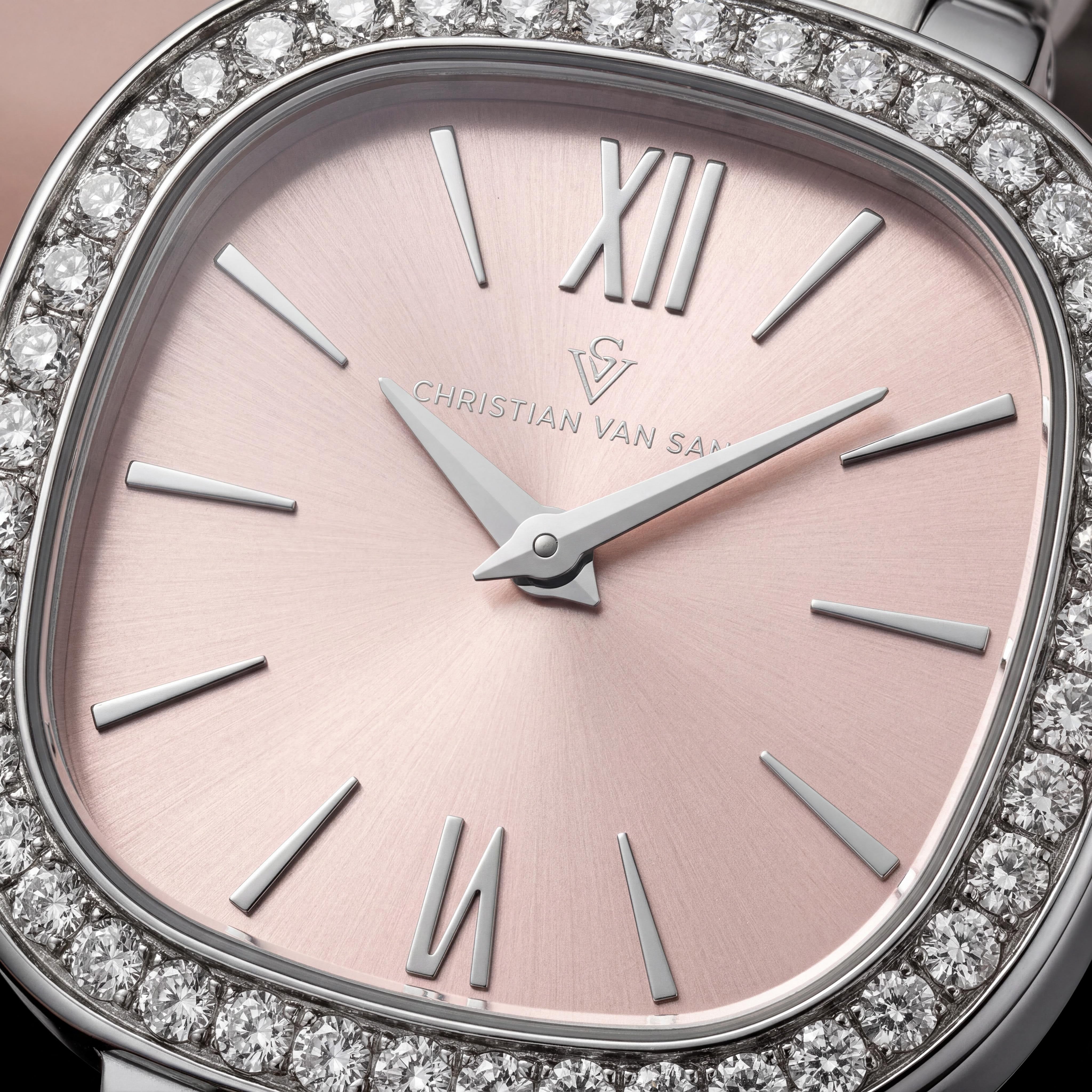 Reloj de cuarzo Christian Van Sant CV1263 para mujer de acero inoxidable en tono plateado con esfera de oro rosa y cristal mineral resistente a los arañazos, Photo 2