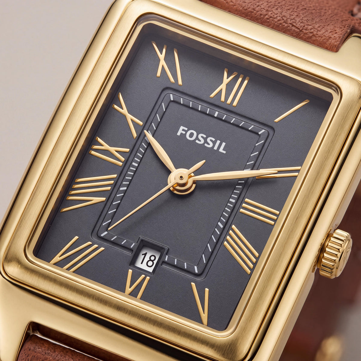 Fossil Women's Raquel Three-Hand Date LiteHide™ Leather Watch ES5303, Gold Rectangular Case, Gray Dial 23mm, Photo 2