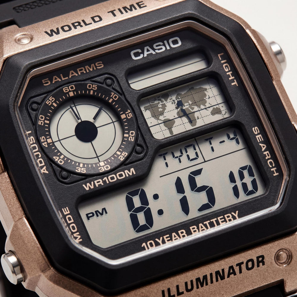 Casio AE-1200WH-5AVCF Men's Black & Gold Multifunction Digital Display Water Resistant Watch, 39.5mm
