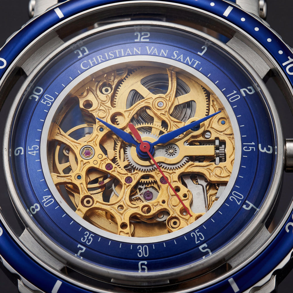Christian Van Sant CV0740 Casual Men's Gold Skeleton Leather Strap Water Resistant Watch with Timer & Slide-Rule, 45mm