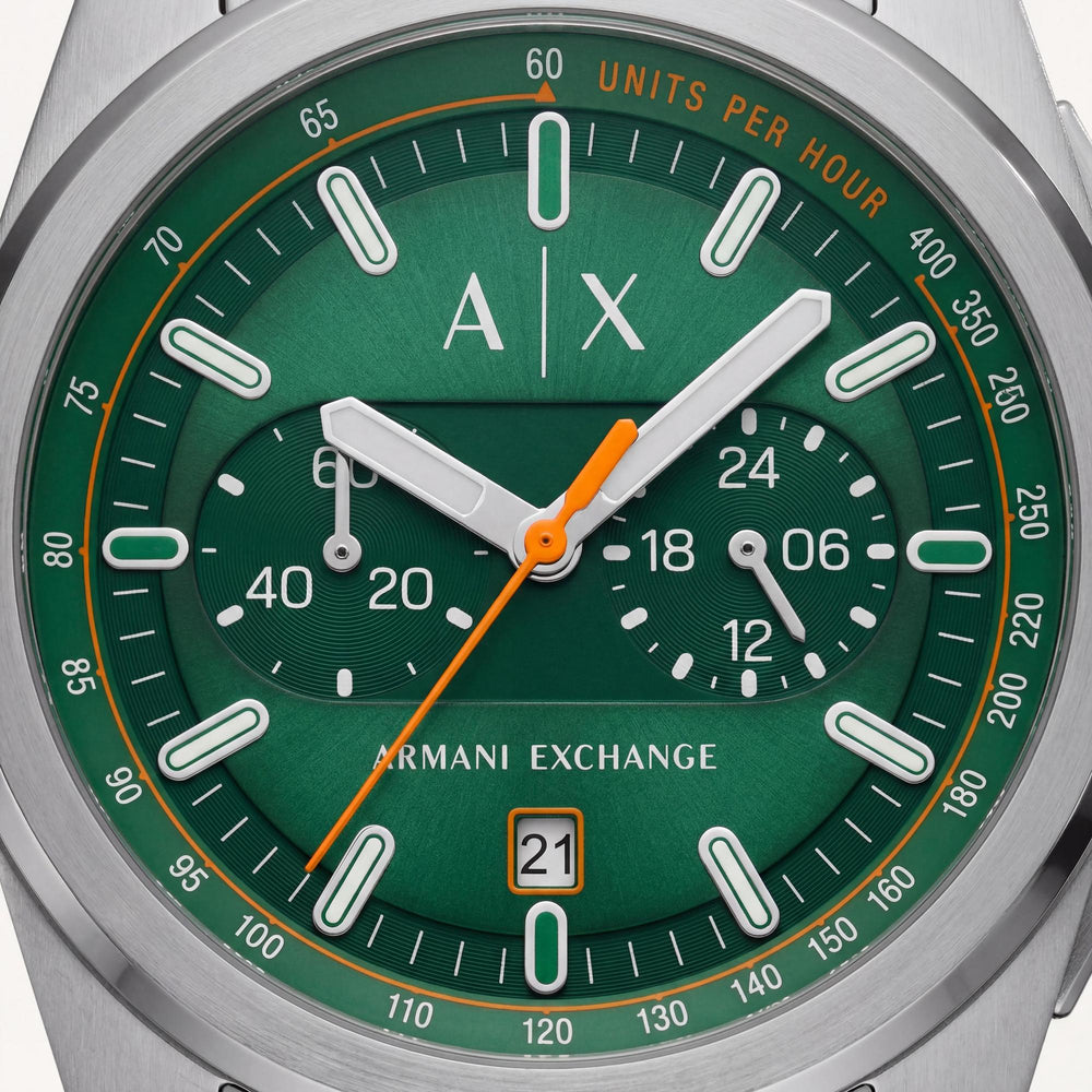 Reloj cronógrafo Armani Exchange para hombre de 42 mm, caja y pulsera de acero inoxidable plateado, esfera verde.