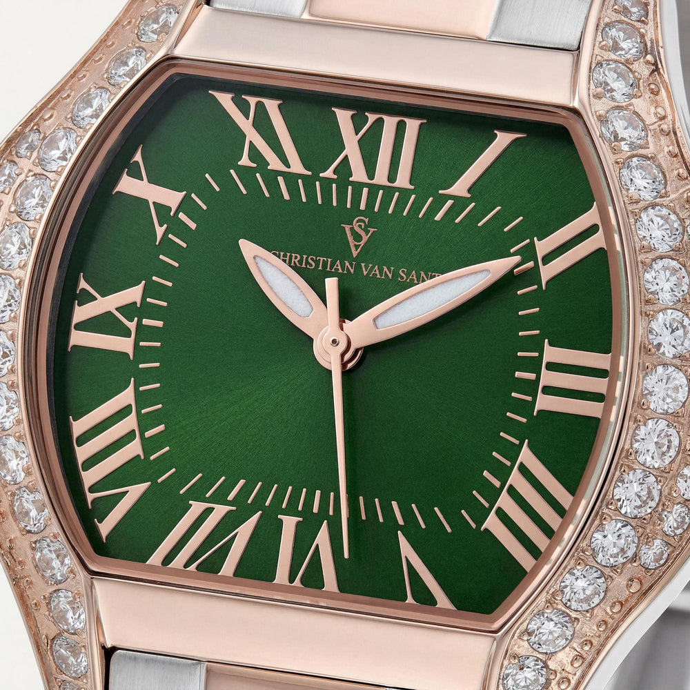 Reloj de pulsera para mujer Christian Van Sant, caja y pulsera de acero inoxidable, esfera verde, resistente al agua.