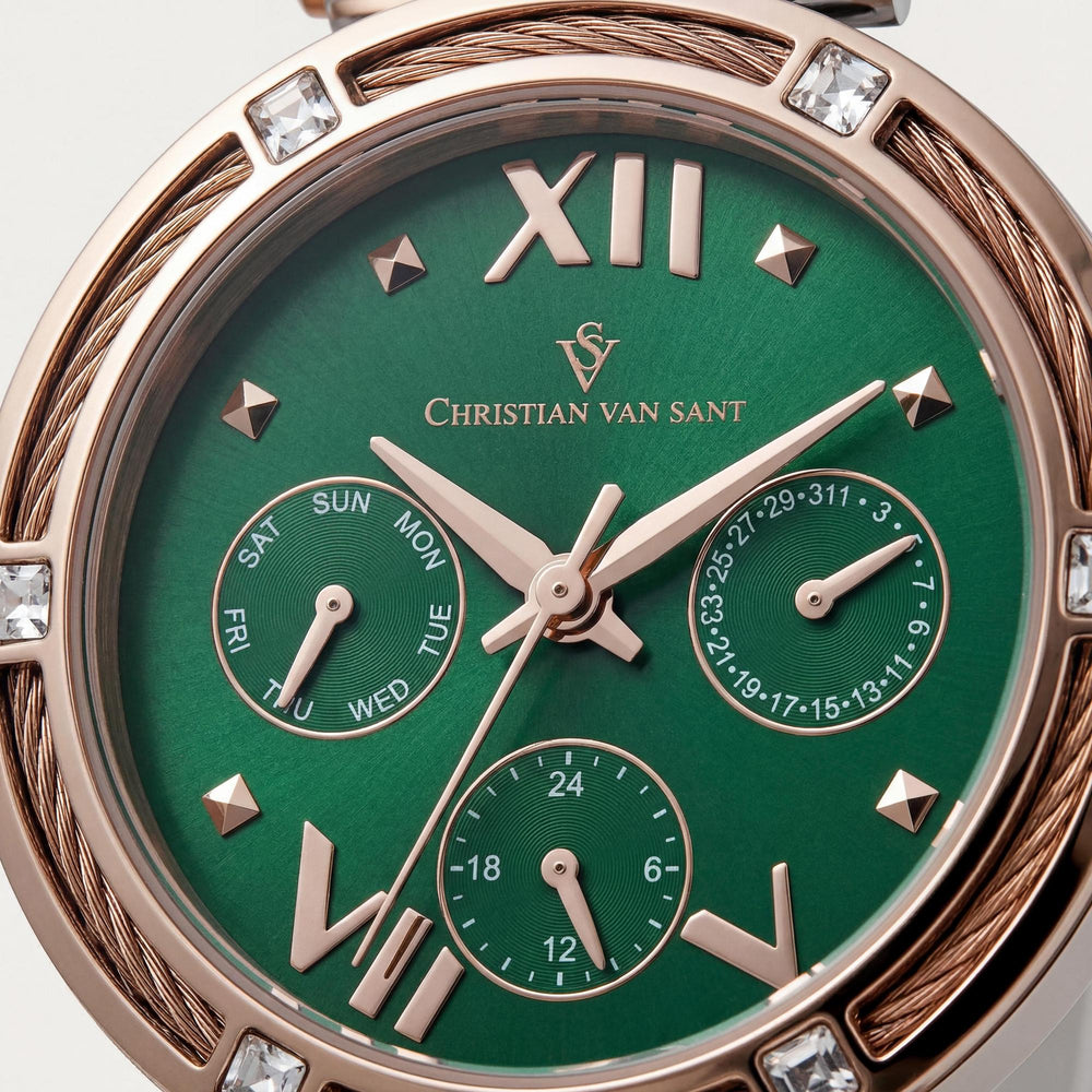 Reloj de cuarzo para mujer con pulsera Christian Van Sant: caja de acero inoxidable, pulsera de acero inoxidable, esfera verde.