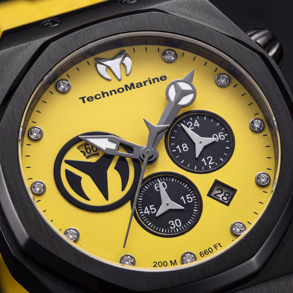 Reloj de cuarzo cronógrafo para hombre TechnoMarine Reef - Sun TM-523002, caja negra, correa de silicona amarilla, 45mm