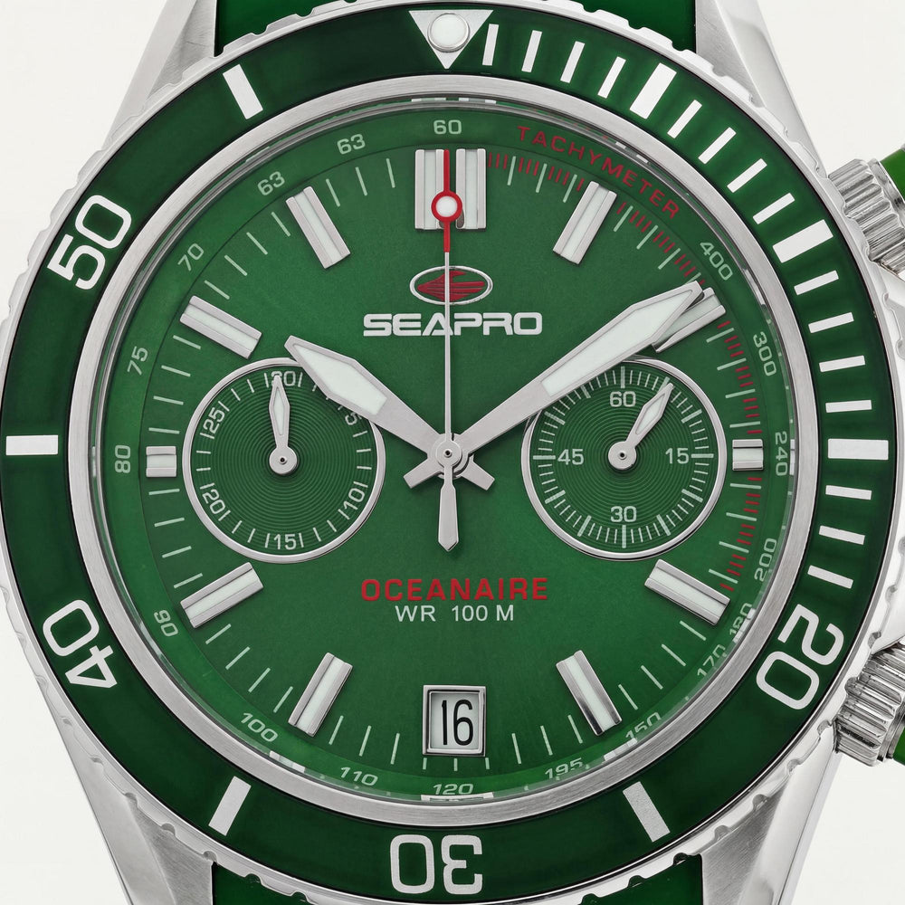 Reloj Seapro Modern para hombre, esfera verde, caja de acero inoxidable, correa de silicona, resistente al agua, movimiento de cuarzo, cristal mineral