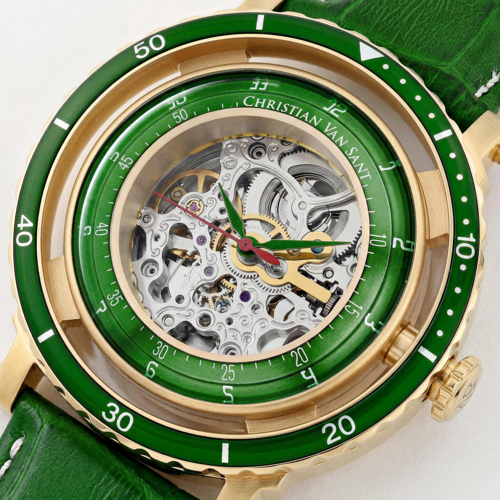 Christian Van Sant Men's Automatic Watch, Silver Stainless Steel Case, Silver Skeleton Dial, Leather Strap