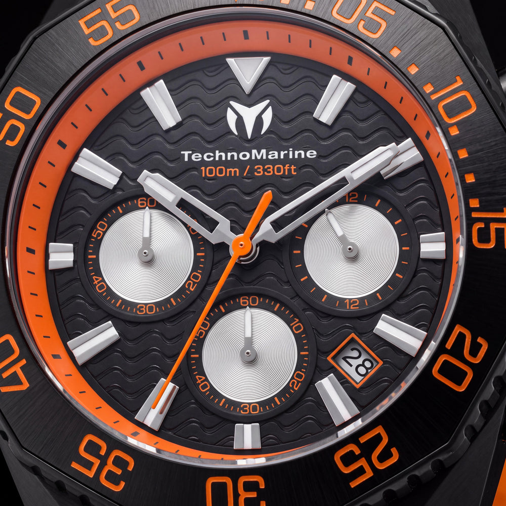 Reloj Technomarine Mar Vivo TM-225076 Cronógrafo de Cuarzo Unisex, Esfera Negra, Caja de Acero, Correa de Silicona, 44mm