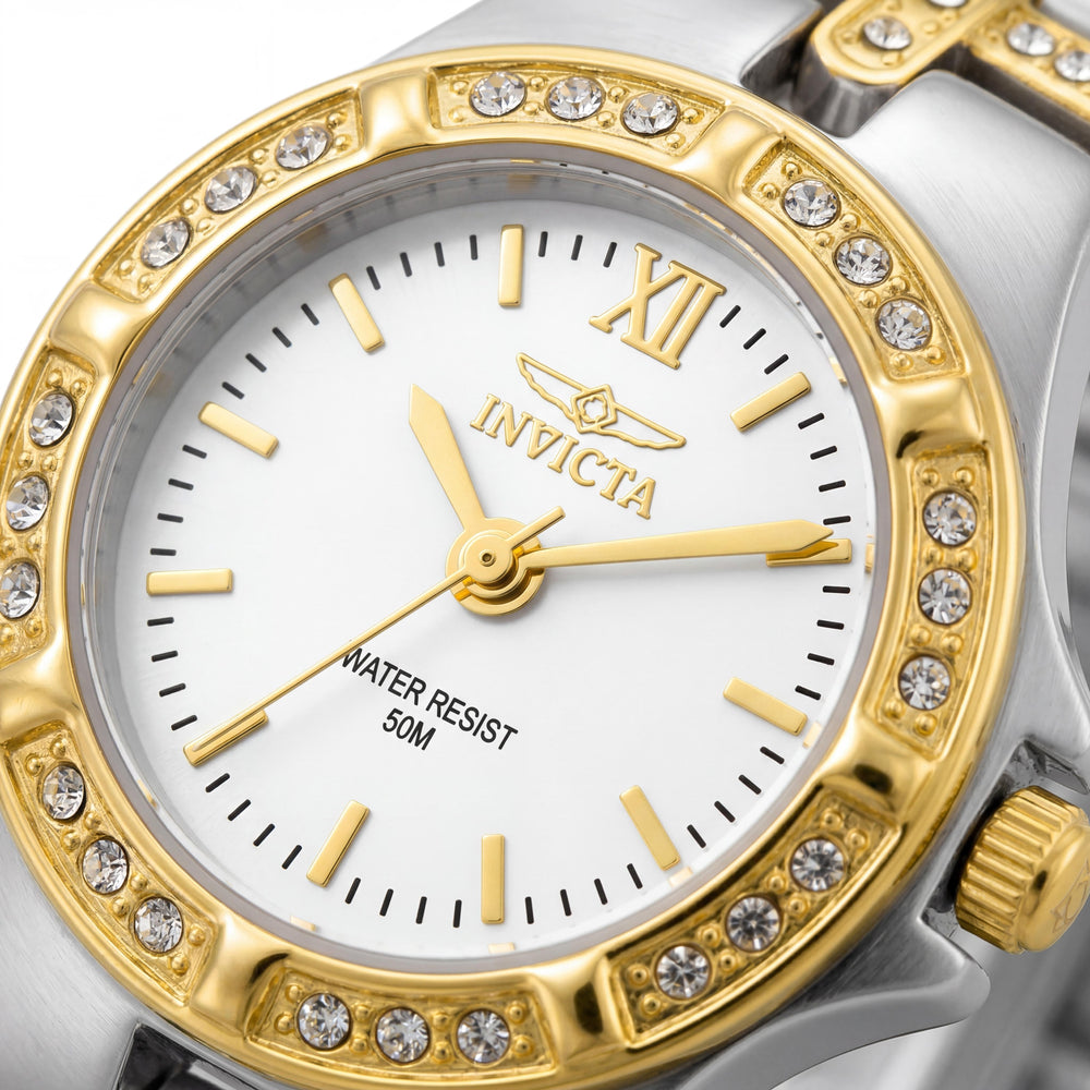 Invicta Reloj de cuarzo resistente al agua para mujer 0133 de acero inoxidable de dos tonos con detalles de cristal, esfera blanca, 22 mm