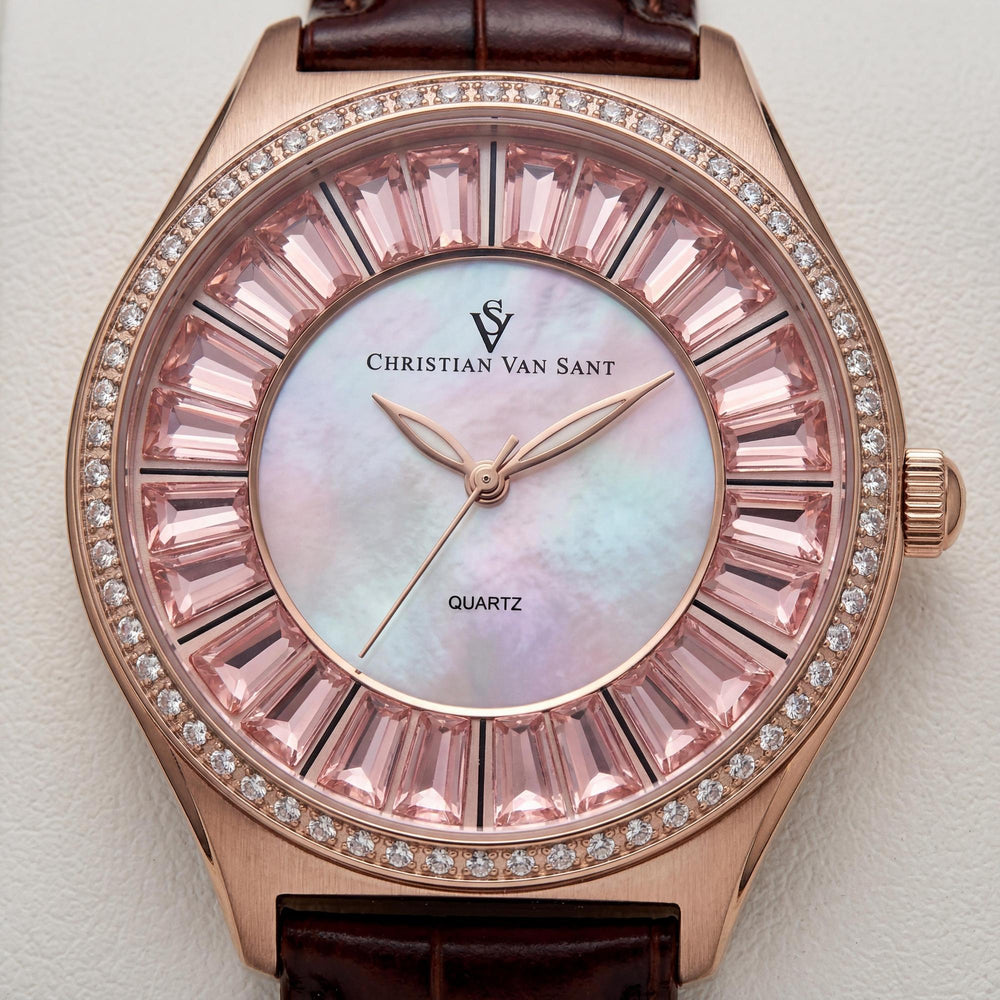 Reloj moderno Christian Van Sant para mujer, de acero inoxidable, con esfera de nácar y correa de piel, resistente al agua