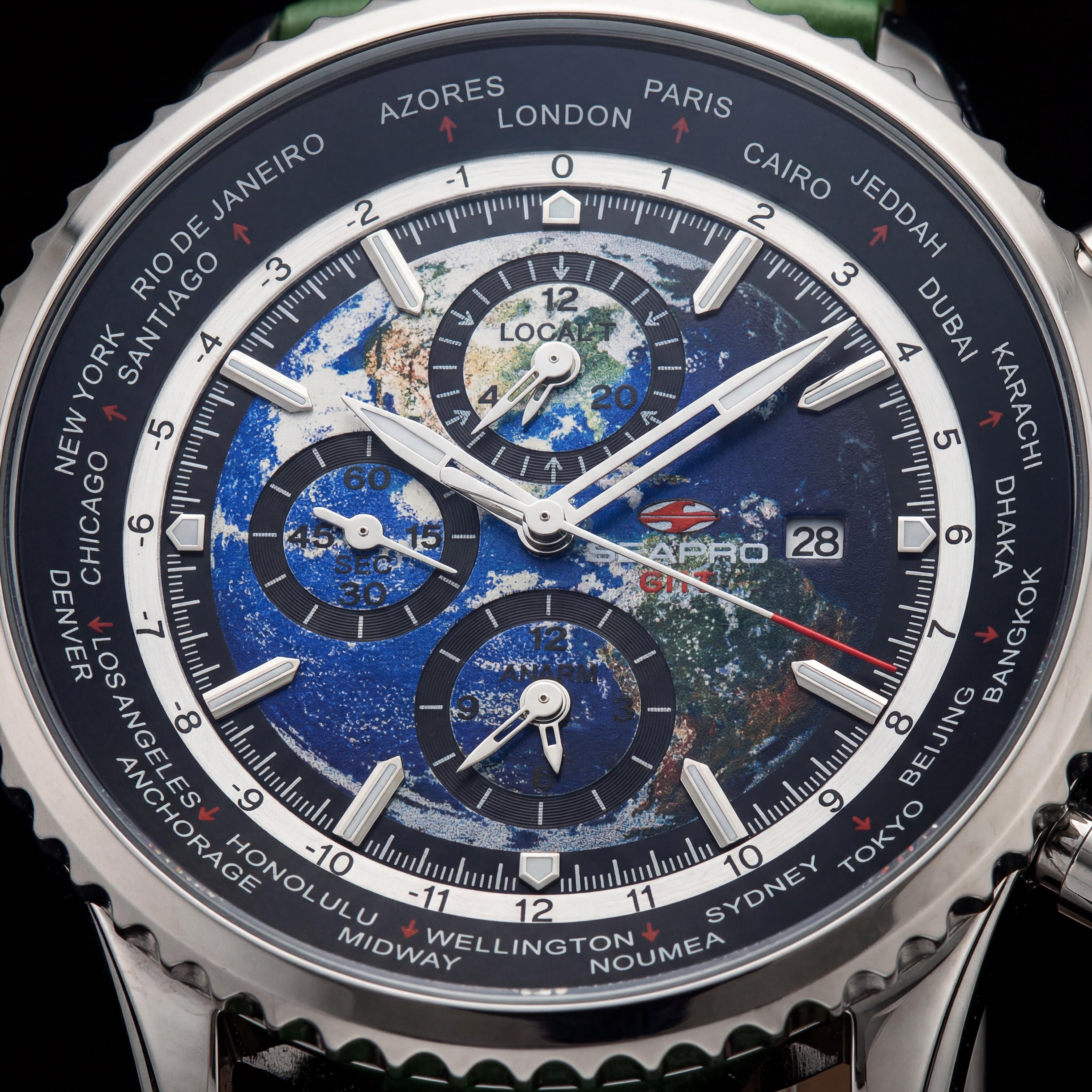 Seapro Men's SP7133 Meridian World Timer GMT Blue Dial Stainless Steel Case Leather Strap Quartz 50M Watch, Photo 2