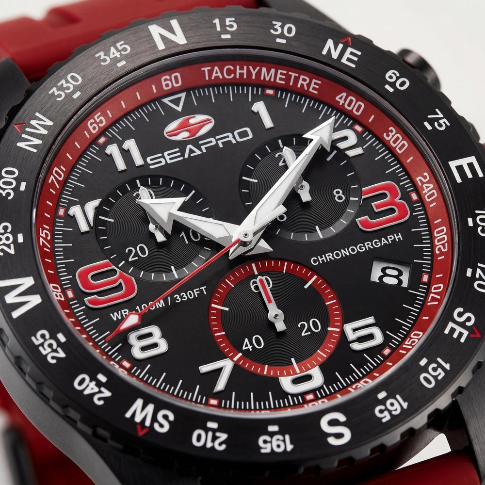 Reloj de cuarzo Seapro para hombre, caja de acero inoxidable negro, correa de caucho, cronógrafo, resistente al agua hasta 10 ATM.