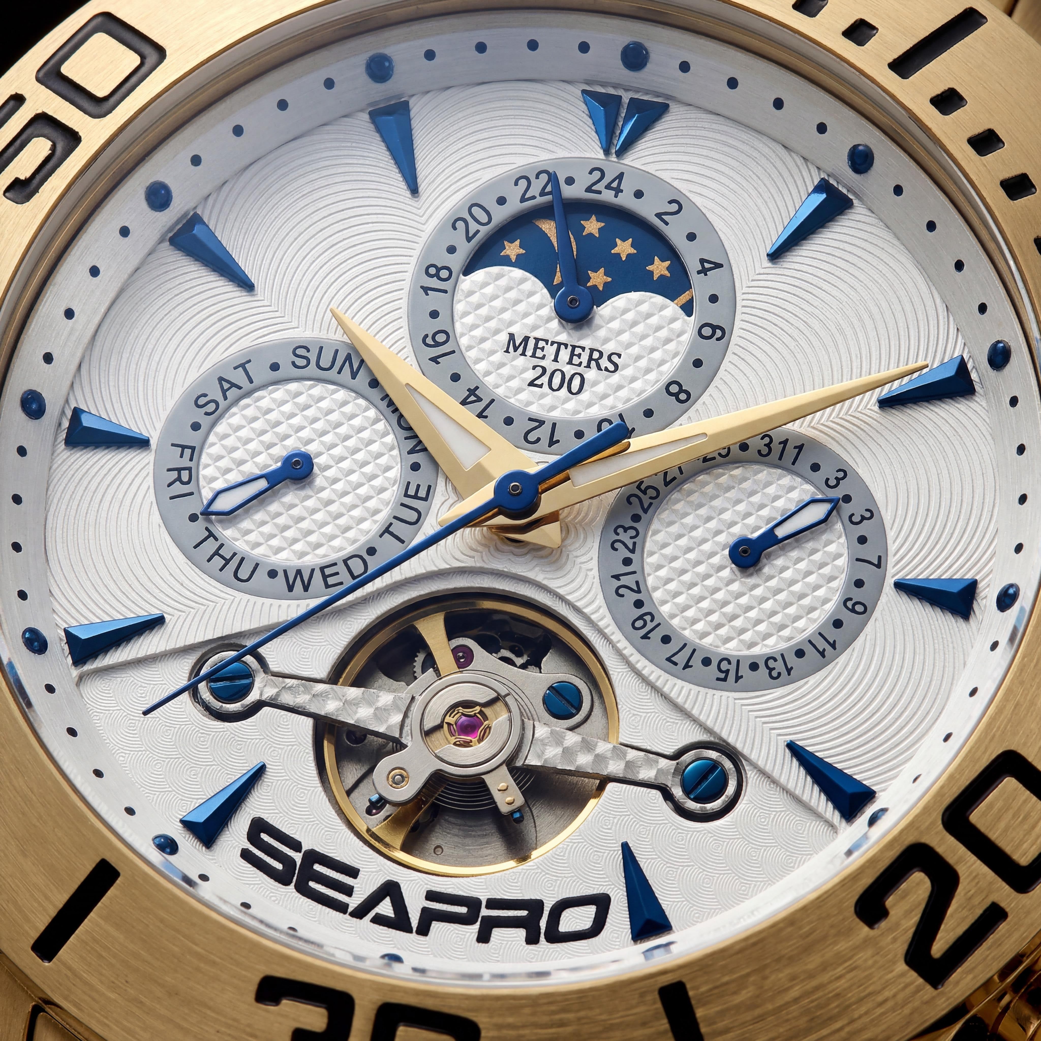 Reloj de hombre Seapro Montecillo automático cronógrafo fase lunar de acero inoxidable dorado 50 mm resistente al agua 200 m, Photo 2