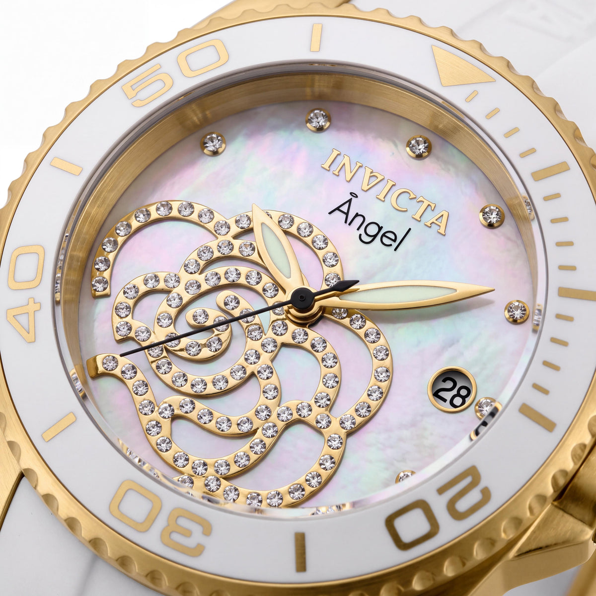 Invicta Angel Women's 18k Gold Plated Quartz Water Resistant Watch with White Strap & Mother of Pearl Dial 38mm, Photo 2