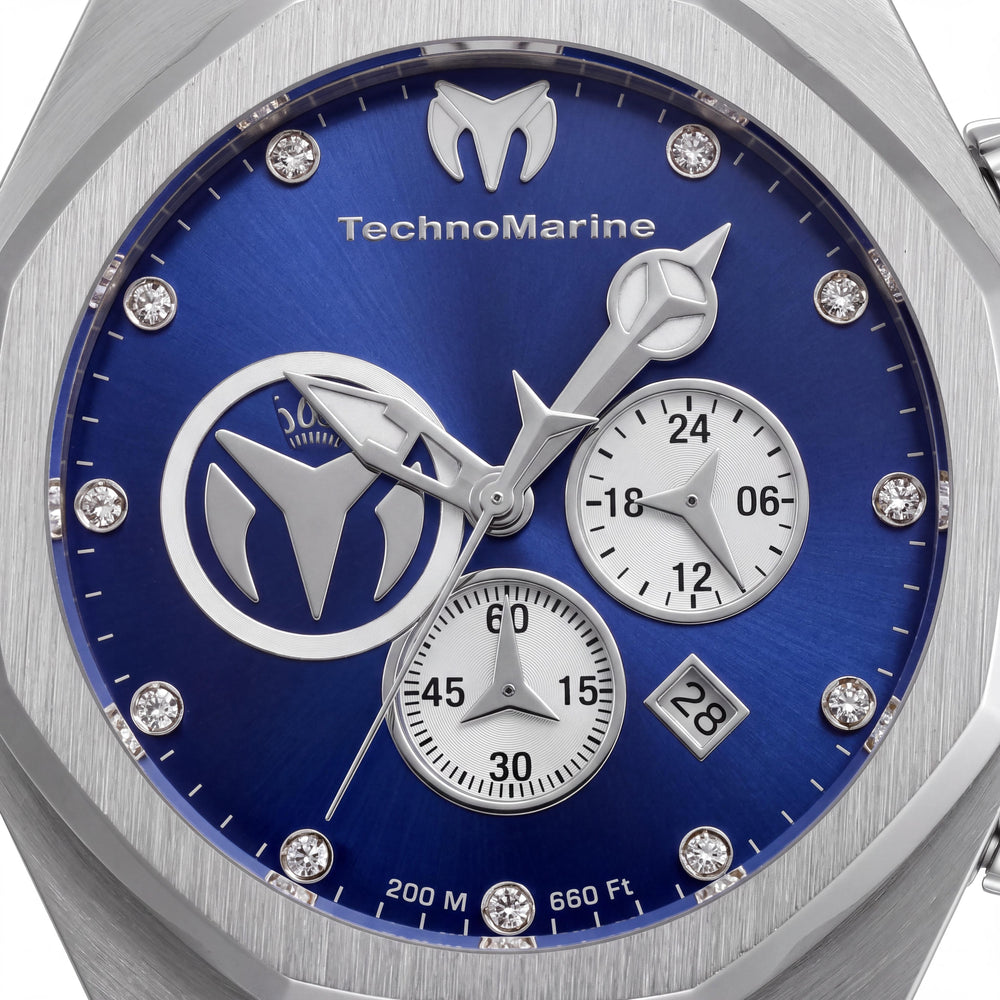 TechnoMarine TM-520001 Japanese Men's Stainless Steel Blue Dial Silicone Band 200M Water Resistant Watch 45mm