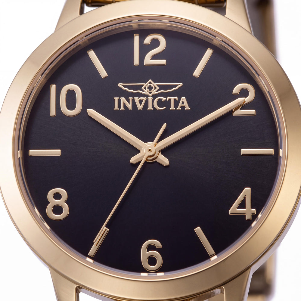 Invicta Wildflower 47273 Reloj de pulsera unisex de acero inoxidable dorado con esfera negra y movimiento de cuarzo de 34 mm