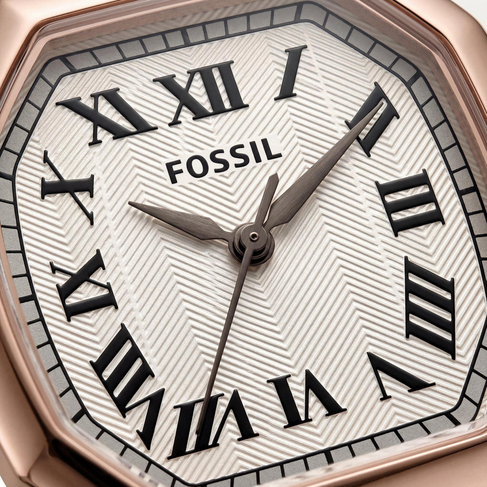 Reloj FOSSIL para mujer de 27 mm con caja octogonal de acero inoxidable en oro rosa, esfera texturizada y correa de piel de cocodrilo gris.
