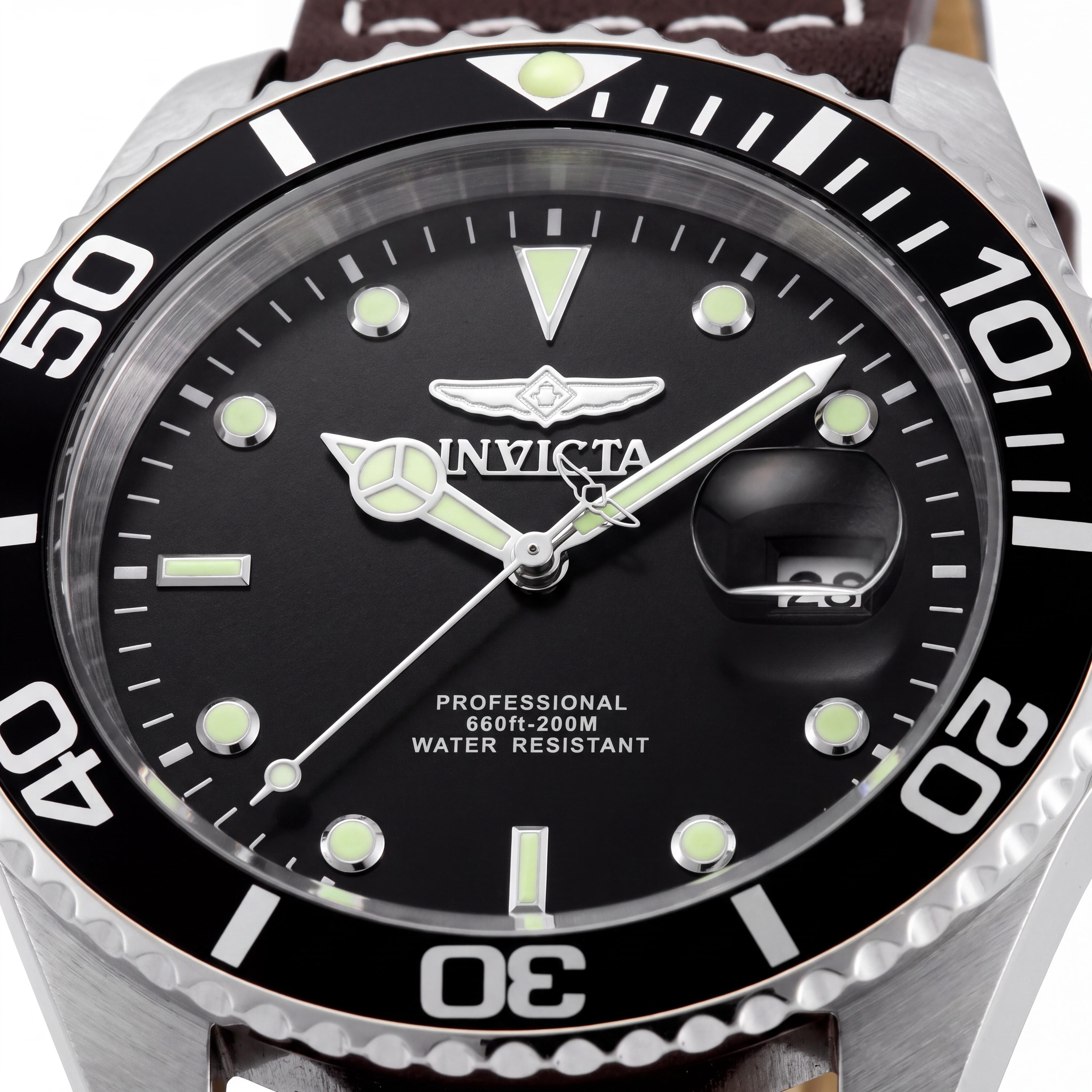 Invicta Men's Pro Diver 200m Water Resistant Luminous Quartz Black Dial Brown Leather Strap 43mm Watch, Photo 2