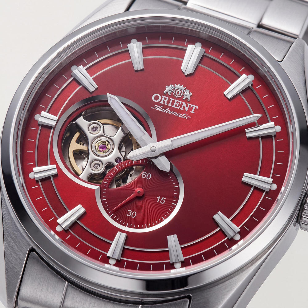 Reloj Orient para hombre, automático, contemporáneo, de corazón abierto, con esfera roja carmín, acero inoxidable, 42 mm