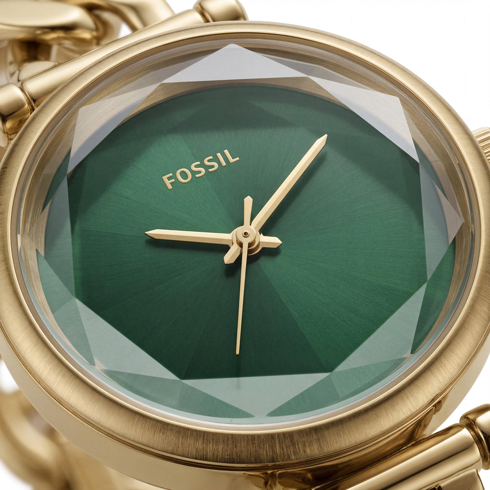Reloj Fossil ES5441 unisex con correa de acero inoxidable tono dorado, esfera verde, caja redonda y movimiento de cuarzo de tres manecillas