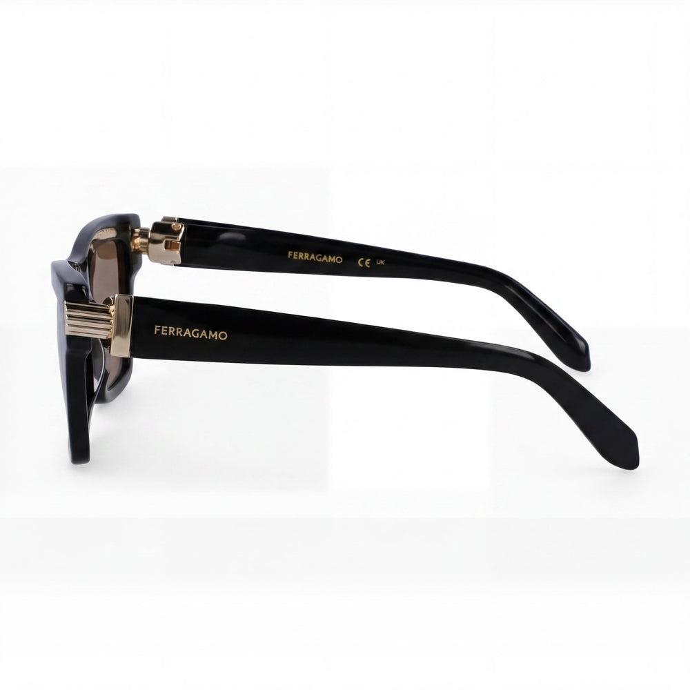 Gafas de sol Ferragamo Sf2013s para mujer, montura de acetato negro y dorado, lentes marrones, protección UV, 52 mm