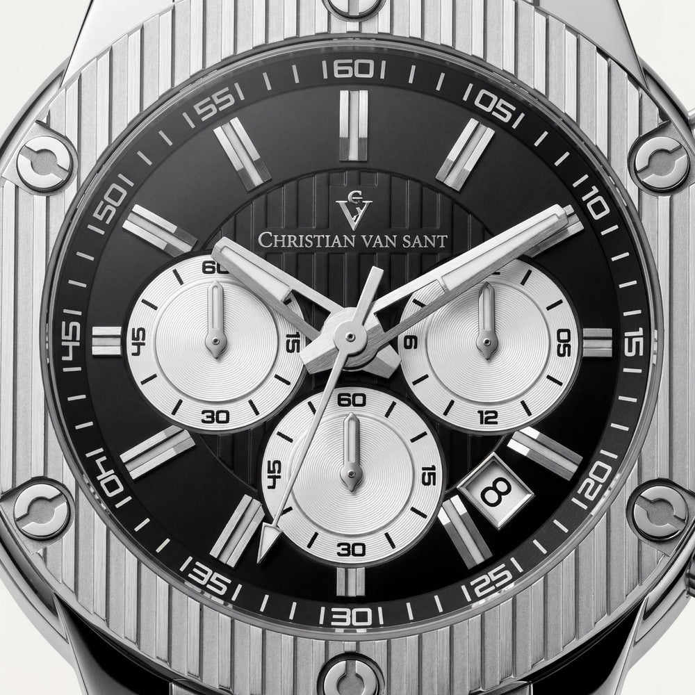 Reloj Christian Van Sant para hombre, moderno, de cuarzo, resistente al agua, con caja de acero inoxidable negro y correa de caucho.