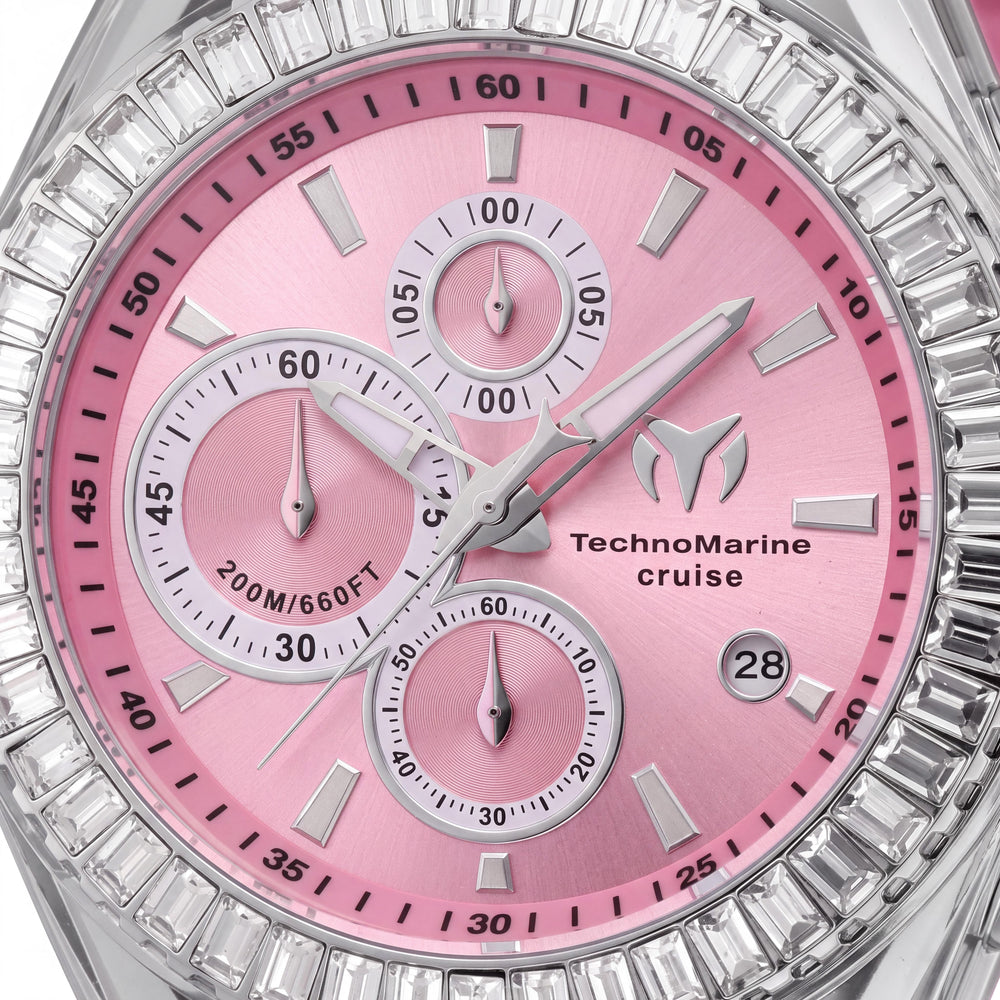 TechnoMarine Cruise Modern Unisex Reloj de Cuarzo 45mm, Caja Plateada, Esfera Rosa, Correa de Silicona, 20 ATM