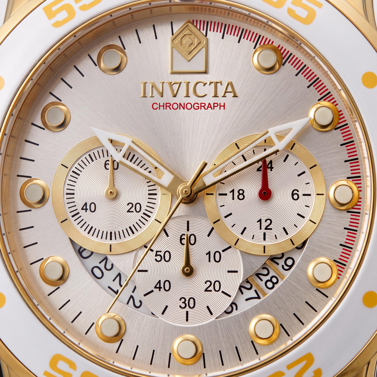 Reloj Invicta para hombre Diver de cuarzo, de acero inoxidable tono dorado, banda de silicona blanca, cronógrafo luminoso, cristal Flame Fusion, 48 mm, Photo 2