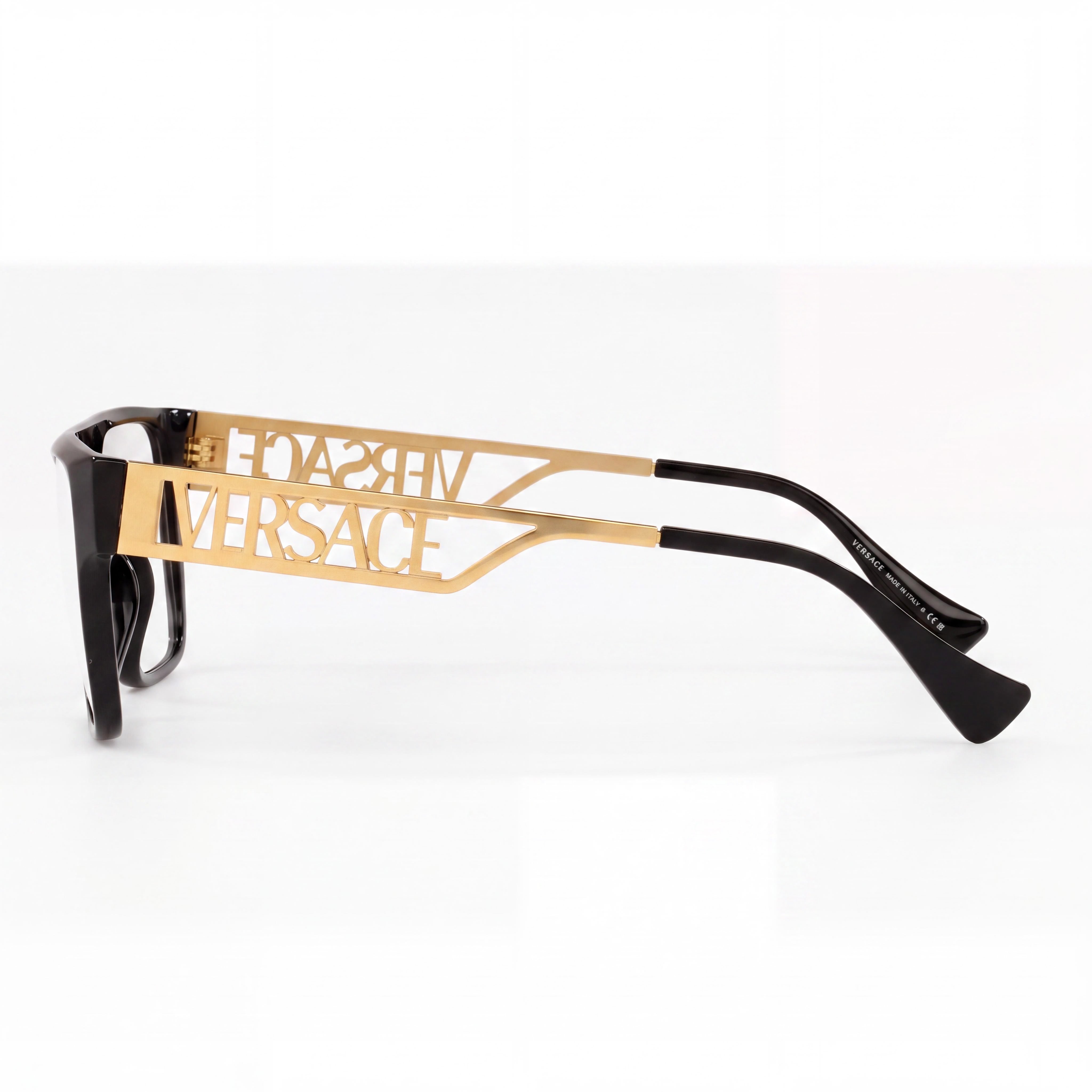 Versace Ve 3326u Unisex Acetate Black Gold Square Full Rim Eyeglass Frames with 55mm Lens, 19mm Bridge, 145mm Temple, Photo 3