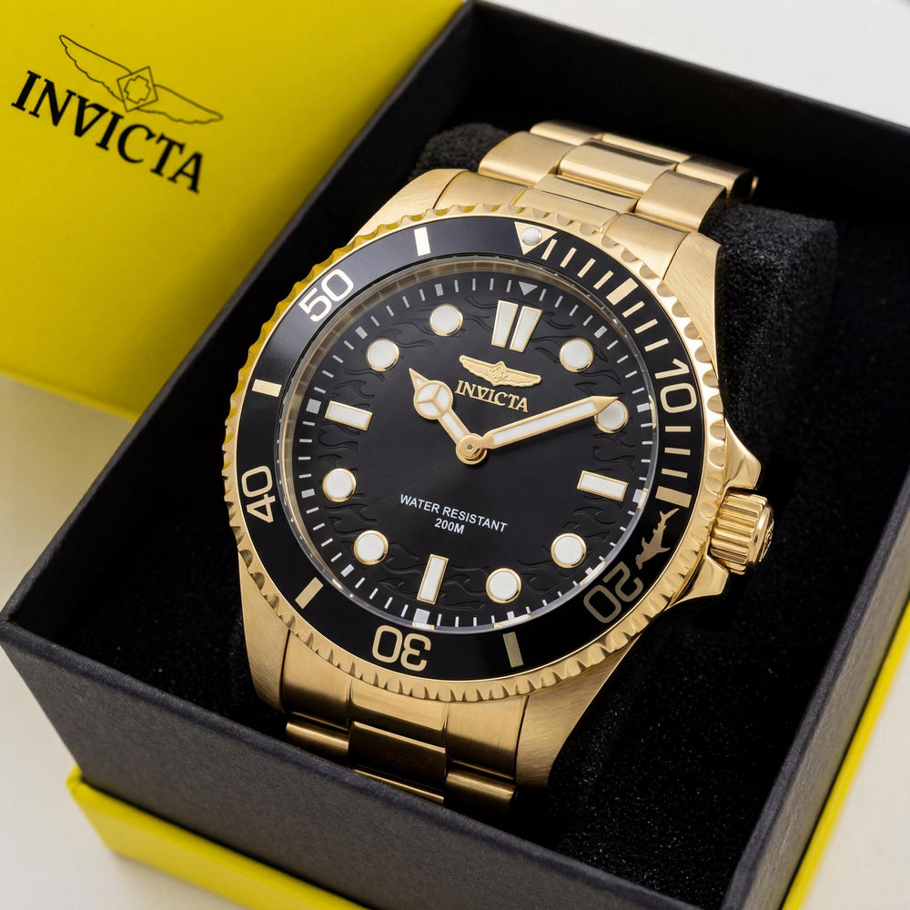 Invicta Pro Diver 49701 Unisex Gold Stainless Steel Black Dial Quartz Watch 10 Bar Water Resistant 43mm