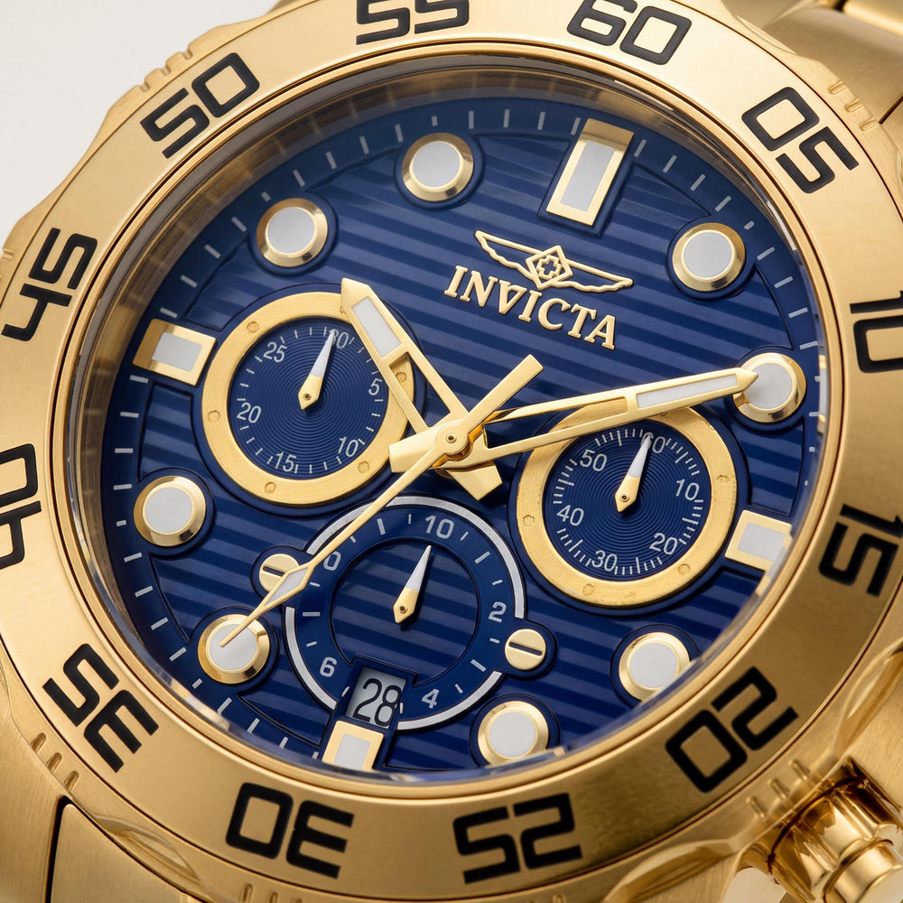 Reloj Invicta Pro Diver Scuba para hombre, cronógrafo, esfera azul, acero inoxidable dorado, fecha, resistente al agua hasta 100 m.