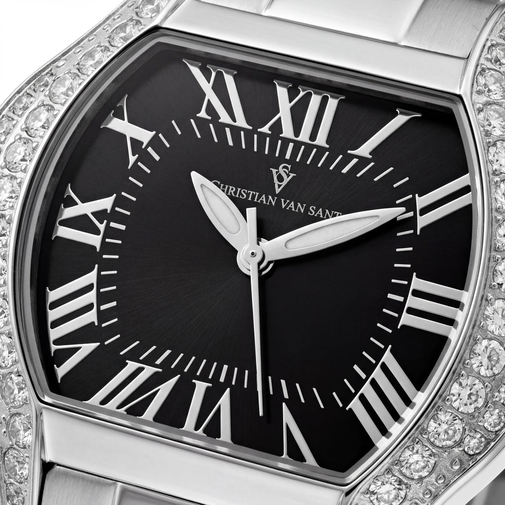 Reloj de cuarzo Christian Van Sant CV1831 para mujer, resistente al agua, con esfera negra, caja y brazalete de acero inoxidable