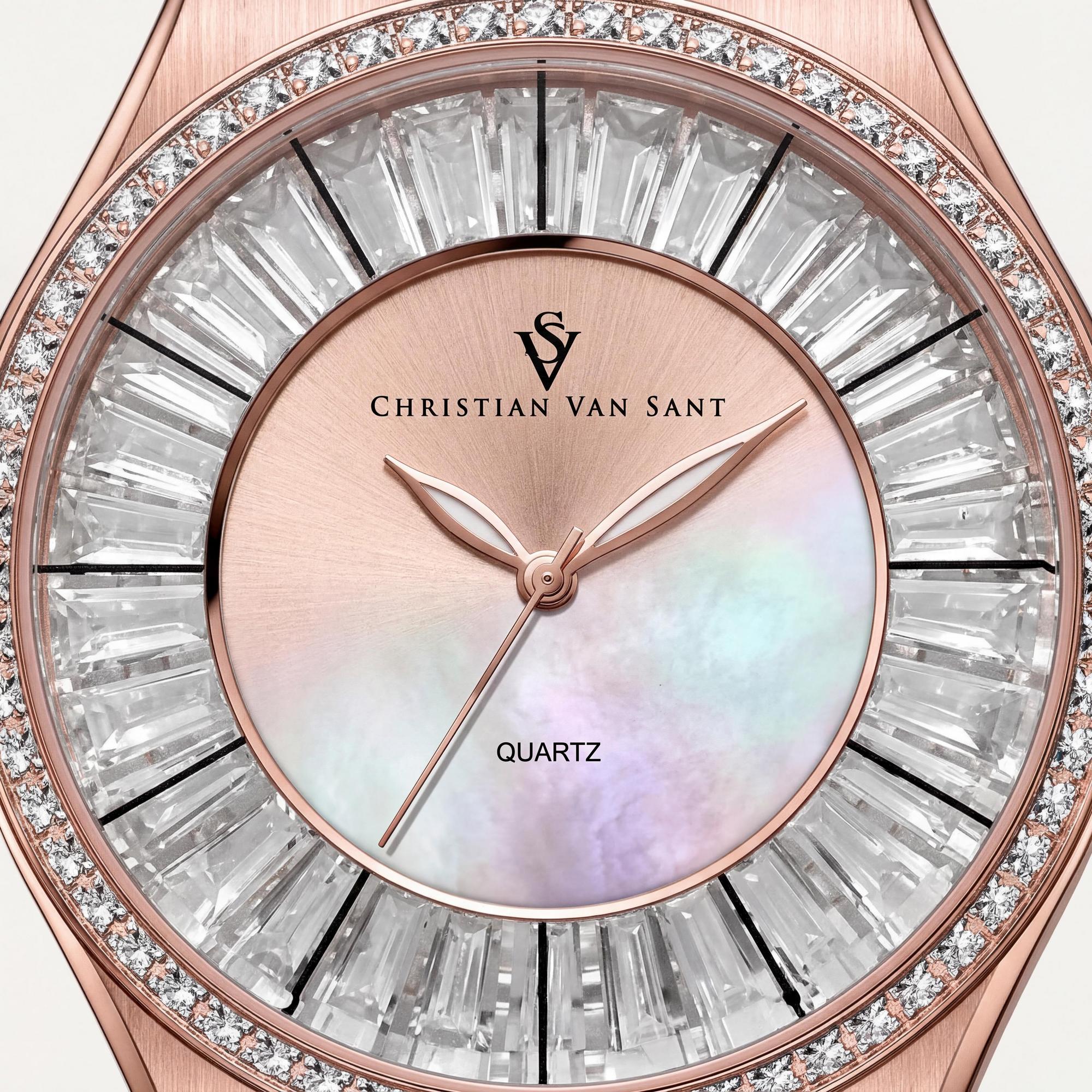 Reloj moderno Christian Van Sant para mujer, resistente al agua, con esfera de nácar, caja de acero inoxidable y correa de piel, Photo 2