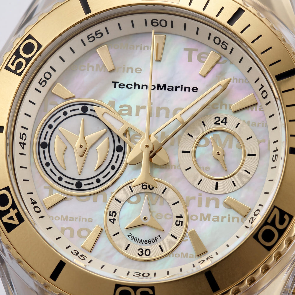 Reloj de buceo de cuarzo TechnoMarine para mujer con caja dorada y correa negra de 40,57 mm