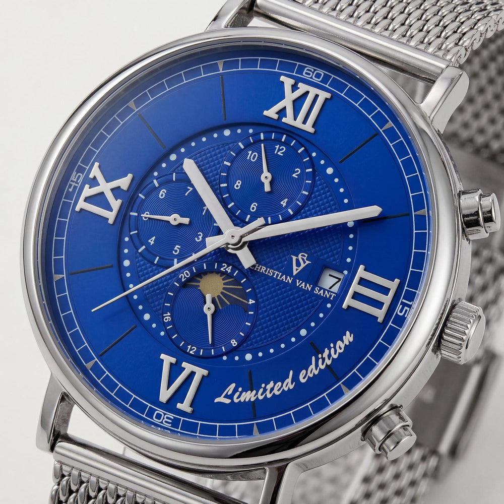 Christian Van Sant Men's Stainless Steel Automatic Blue Dial Mesh Bracelet Watch Water Resistant