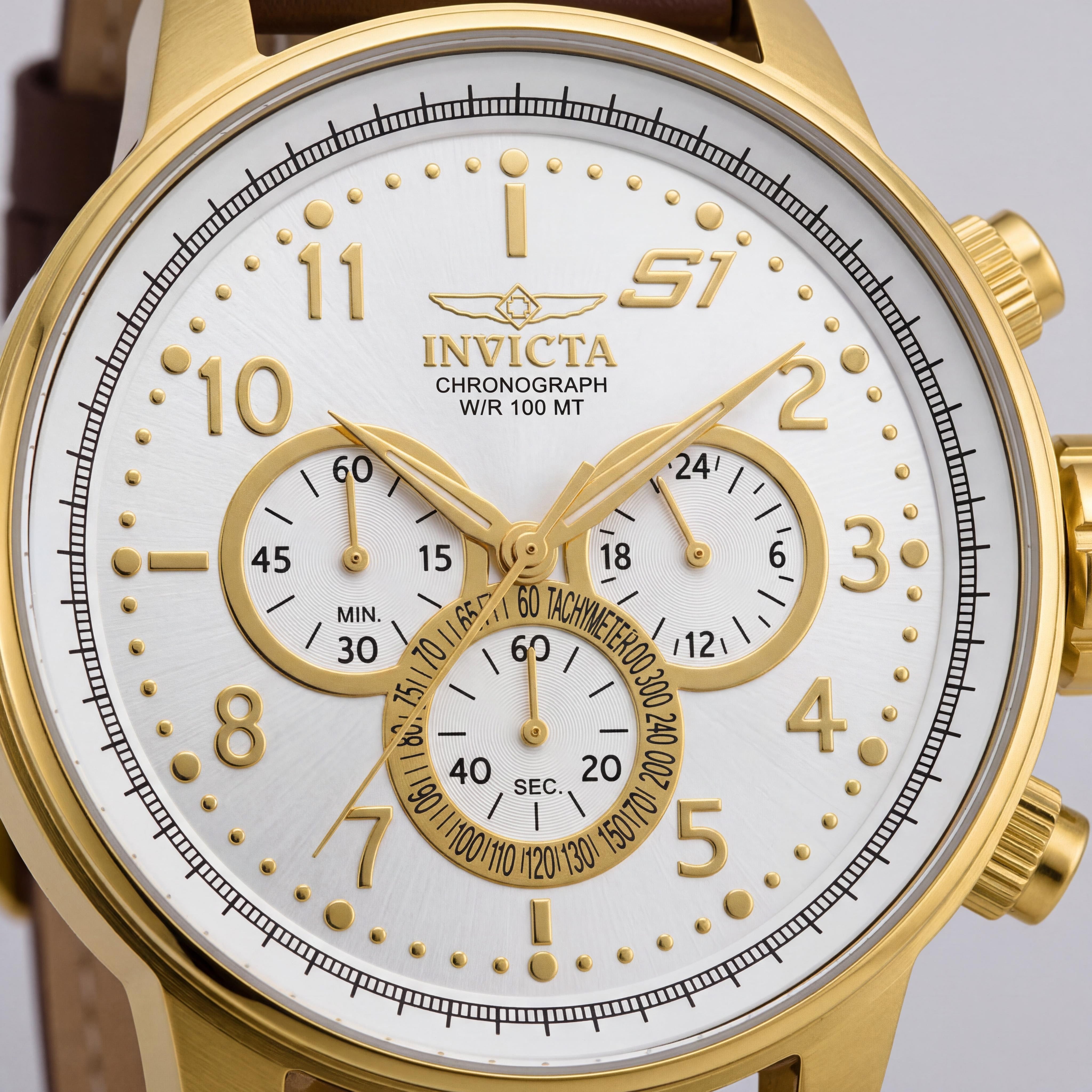 Invicta S1 Rally 16011 Men's Chronograph GMT Watch, Gold-Tone Stainless Steel, Brown Leather, 48mm, Photo 2