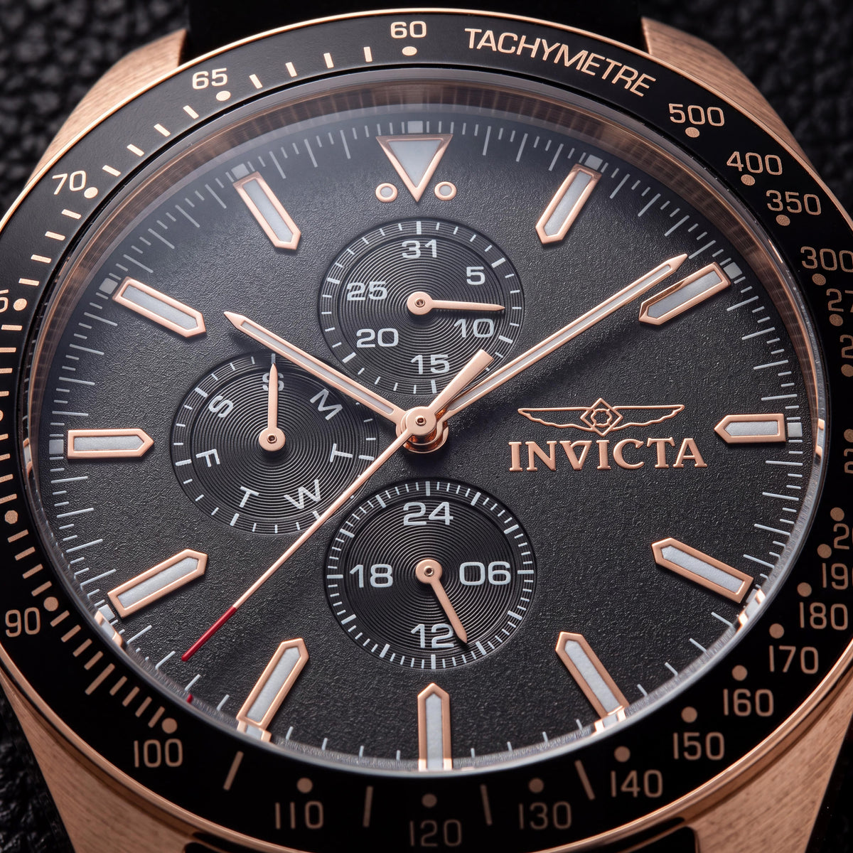 Invicta Japanese Unisex Rose Gold Stainless Steel Case Black Dial Black Silicone Band 45mm Quartz Glow In The Dark Watch, Photo 2